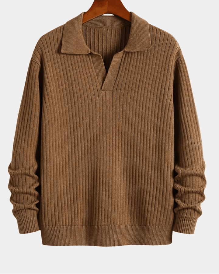 RIBBED KNIT POLO SWEATER