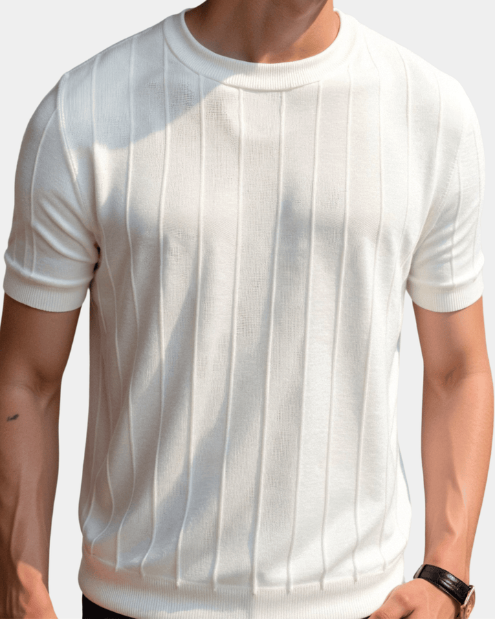 T-SHIRT MIT STRUKTURIERTEM STRICK UND RUNDHALSAUSSCHNITT