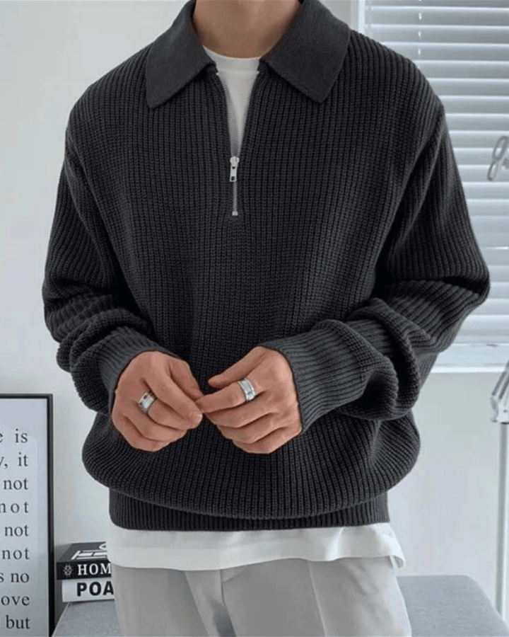 ZIP COLLAR KNIT POLO SWEATER