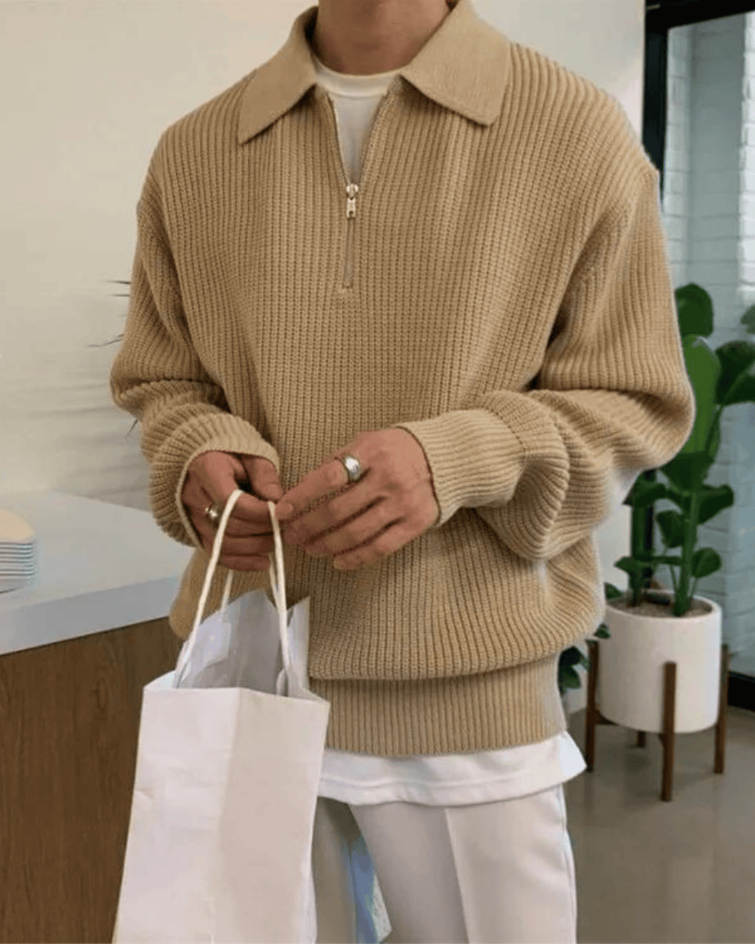 ZIP COLLAR KNIT POLO SWEATER