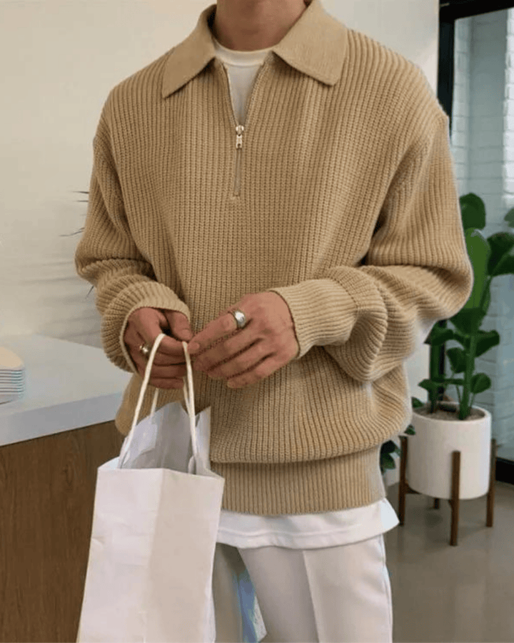 ZIP COLLAR KNIT POLO SWEATER