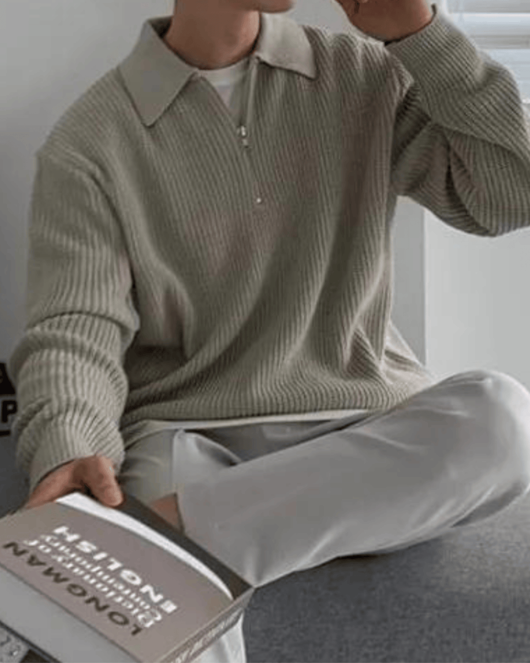 ZIP COLLAR KNIT POLO SWEATER