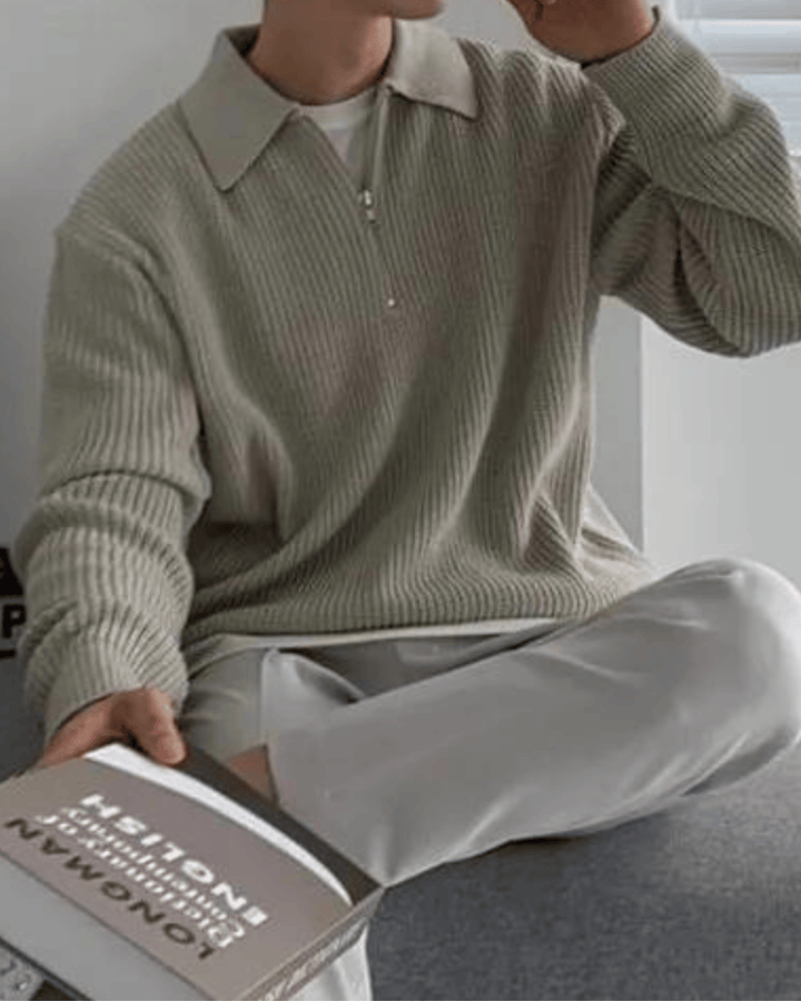 ZIP COLLAR KNIT POLO SWEATER