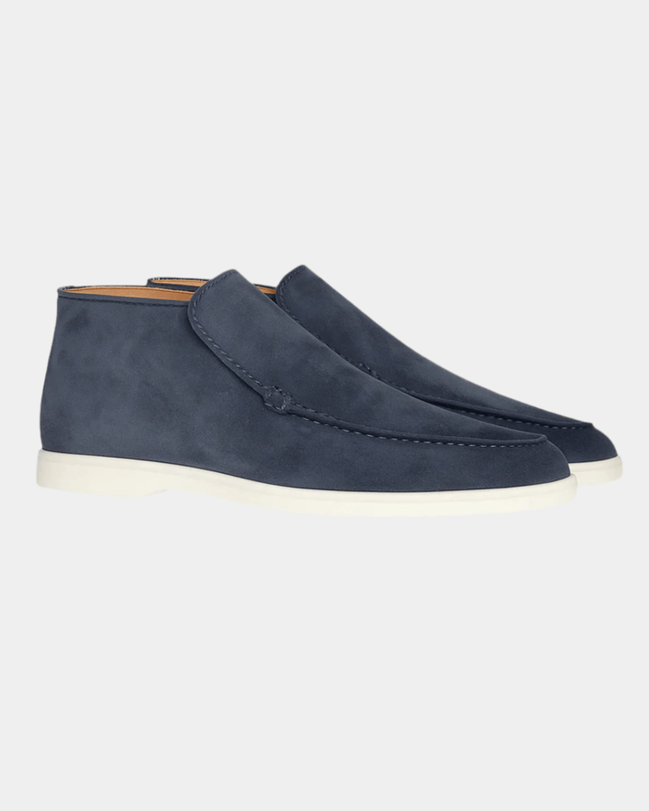 HALBHOHE WILDLEDER-SLIPPER IN MARINEBLAU