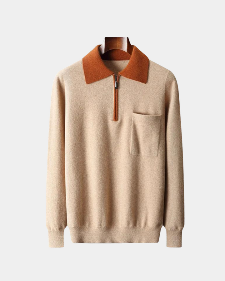 ZWEIFARBIGER WOLLPULLOVER MIT HALBEM REISSVERSCHLUSS