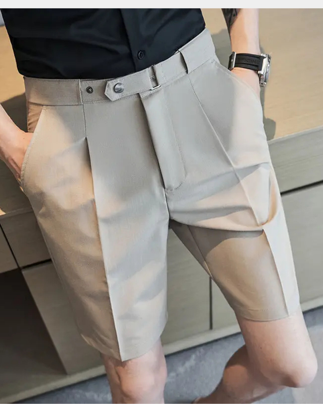 PLEATED HIGH-WAIST BELTED SHORTS