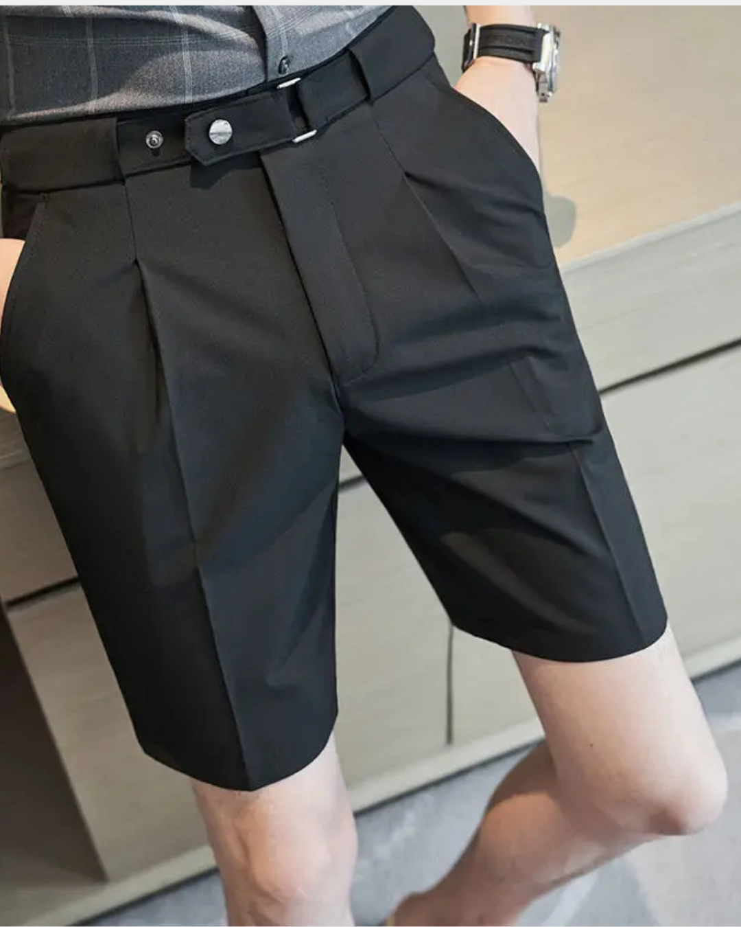PLEATED HIGH-WAIST BELTED SHORTS