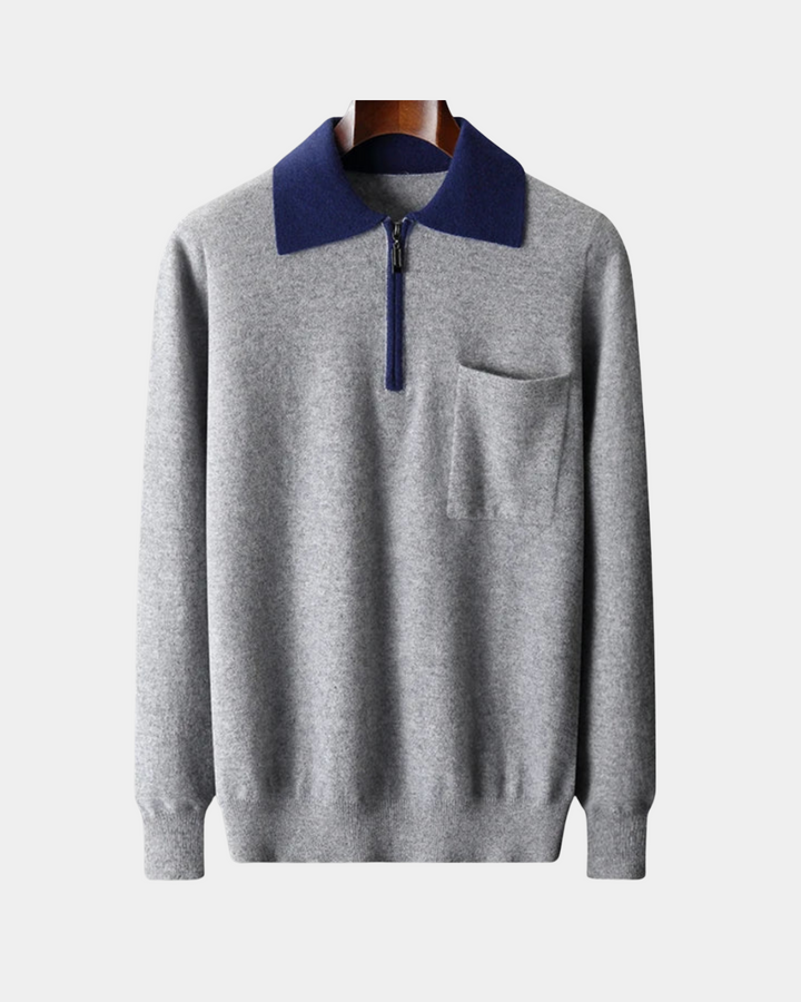 ZWEIFARBIGER WOLLPULLOVER MIT HALBEM REISSVERSCHLUSS