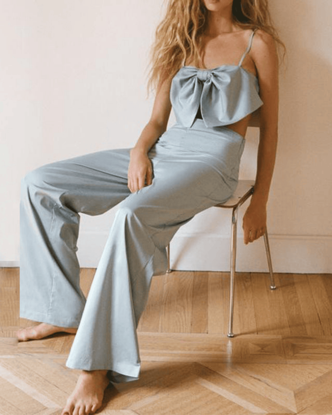 SATIN BOW TOP AND TROUSERS SET