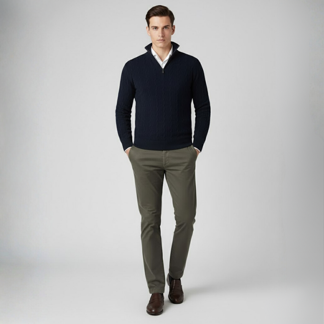 Men's Cable Knit Zipper Sweater – Adjustable Warmth & Textured Comfort