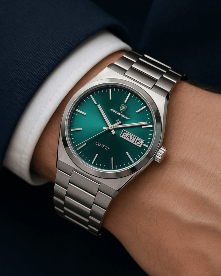 TEALFARBENES ZIFFERBLATT TAG-DATUM EDELSTAHL UHR