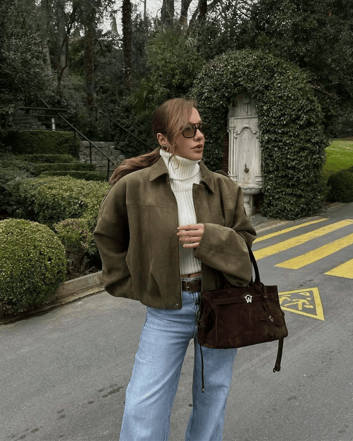 OLIVE SUEDE BOMBER JACKET