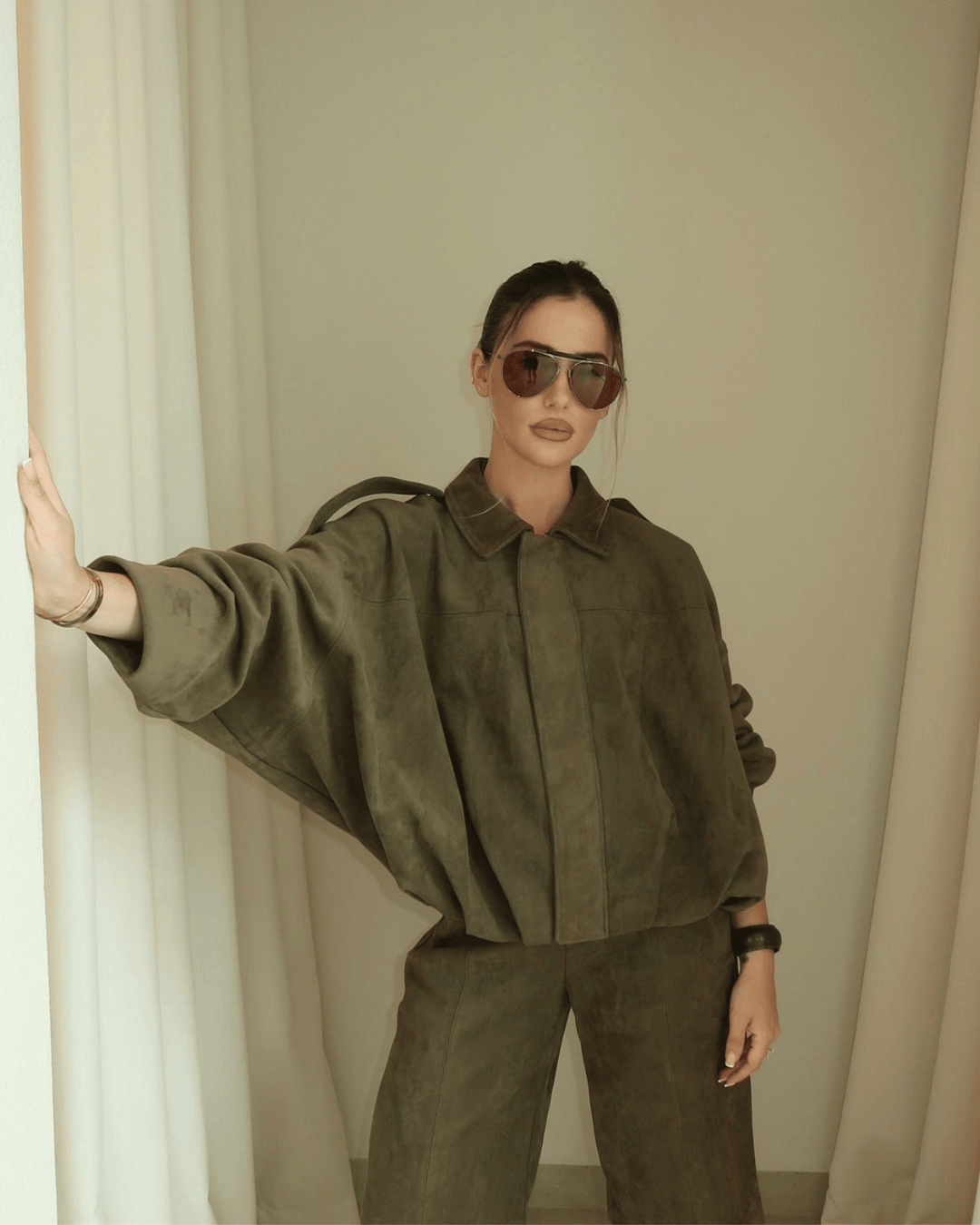 OLIVE SUEDE BOMBER JACKET