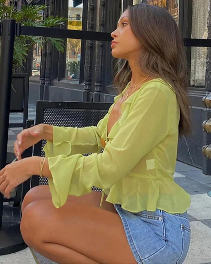 RUFFLED TIE-FRONT BLOUSE
