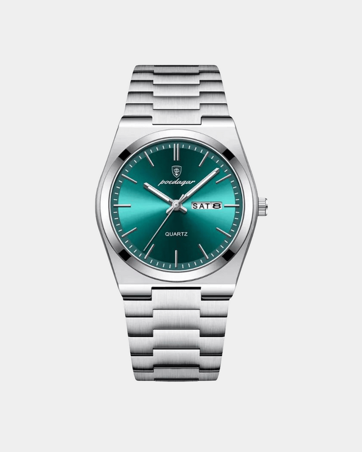 TEALFARBENES ZIFFERBLATT TAG-DATUM EDELSTAHL UHR