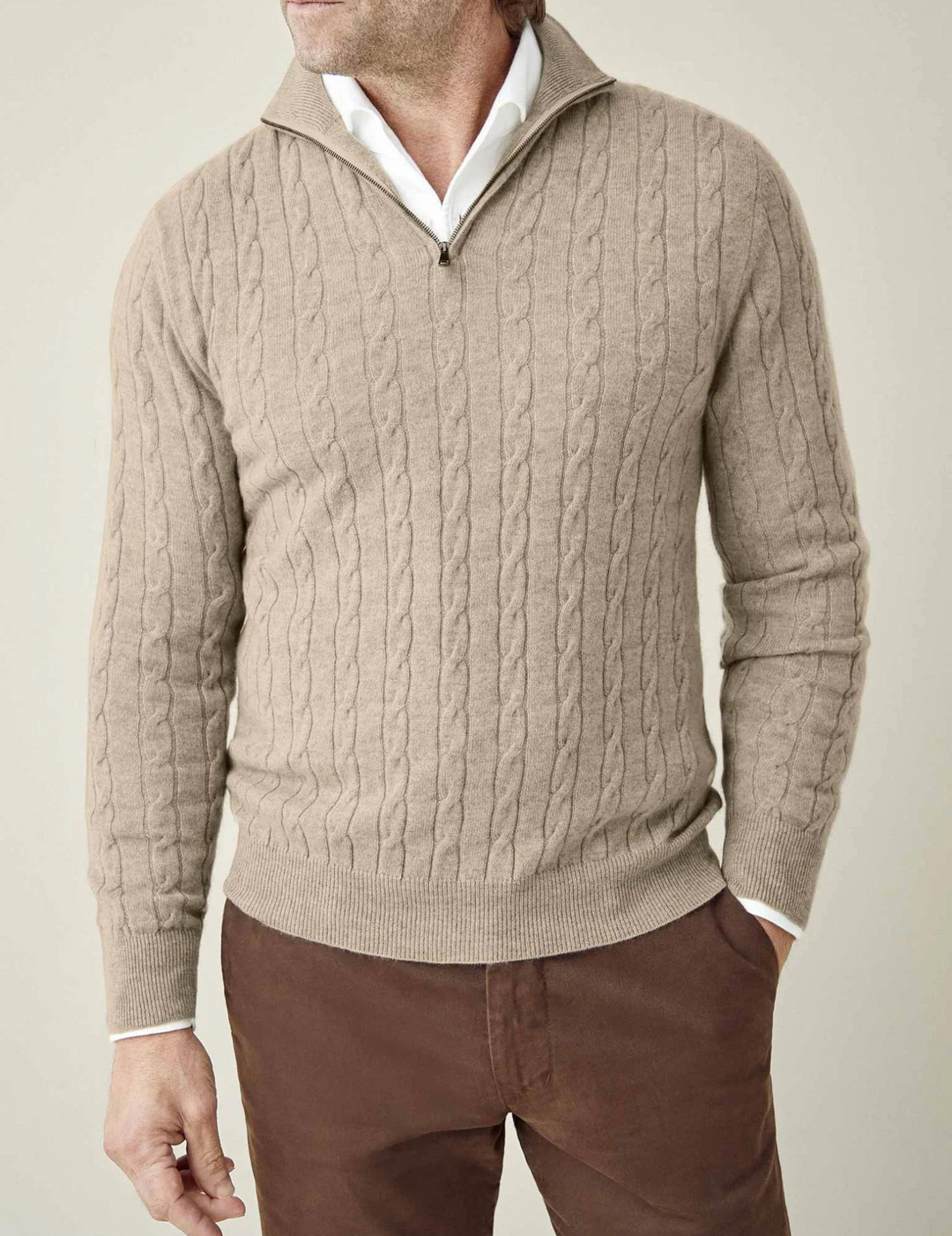 Men's Cable Knit Zipper Sweater – Adjustable Warmth & Textured Comfort