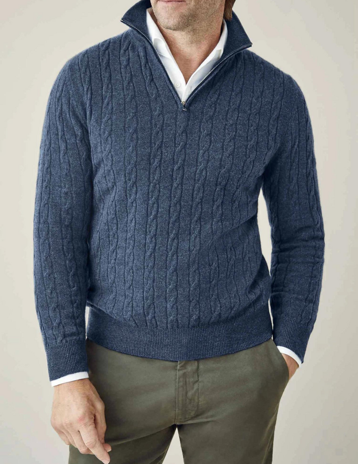 Men's Cable Knit Zipper Sweater – Adjustable Warmth & Textured Comfort
